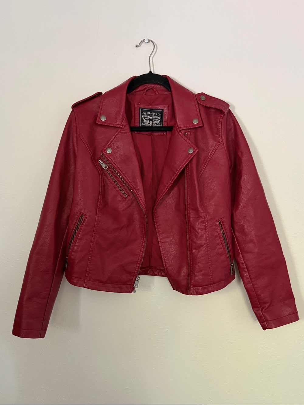 Levi’s Vegan Leather Red Moto Style Jacket Size Small